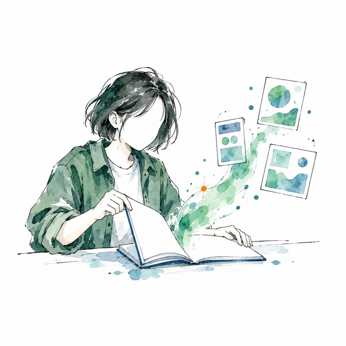 Acuarela: un alumno abre un cuaderno del que salen, como humo, pantallas de aplicaciones